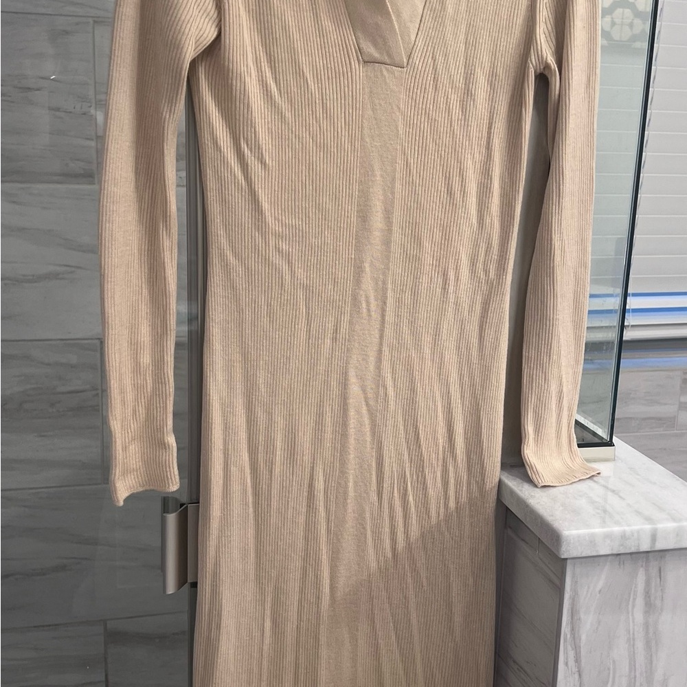 Ribbed Long Sleeve Tan Dress